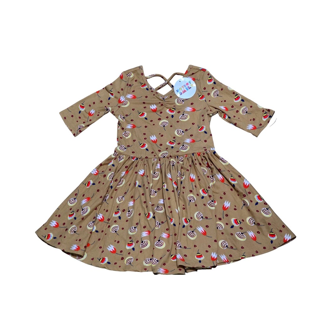DotDotSmile Girls Tan Floral Ballerina Dress Criss Cross Back Half Sleeve ‎ 3/4